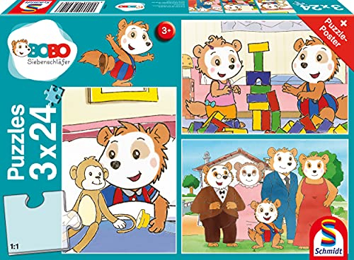 Schmidt Spiele 56414 Bobo Siebenschläfer, Freunde und Familie, 3x24 Teile Kinderpuzzle