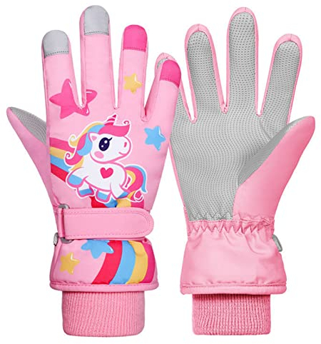 Jupsk Kinder Winter Skihandschuhe Wasserdicht Snowboard Handschuhe Anti-Rutsch Plüsch Gefüttert Warm Rosa Einhorn Handschuhe für Mädchen Jungen 5-7 Jahre alt