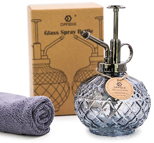 OFFIDIX Glas-Bewässerungssprühflasche, 300 ml, Pflanzen-Sprühnebel, Blumengießkanne mit Kunststoffoberseite, Glasspray, Gießkannen für kleine Pflanzen im Haus oder Büro (grau)