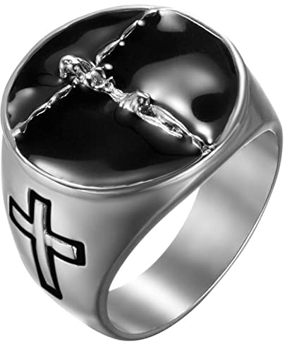 JewelryWe Schmuck Herren-Ring Edelstahl Retro Christian Jesus Christus Kreuz Ring Siegelring Religiöser Männer Band Bandring Gravur, Silber Gold Schwarz Größe 57 bis 70