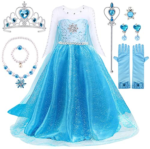TOLOYE Disfraz Princesa Niña, Vestido de Princesa con Accesorios de Collar de Varita de Hadas de Corona, Vestido Elegante para Desfile de Cosplay de Dama de Honor de Fiesta