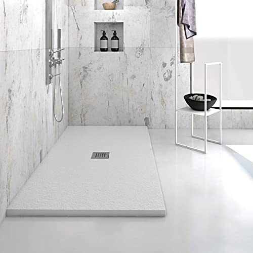 Yellowshop - Piatto doccia rettangolare marmoresina base 80 cm h 2,5 cm HEAVY Bianco con sifone, piletta e copripiletta inox (cm 80x180)