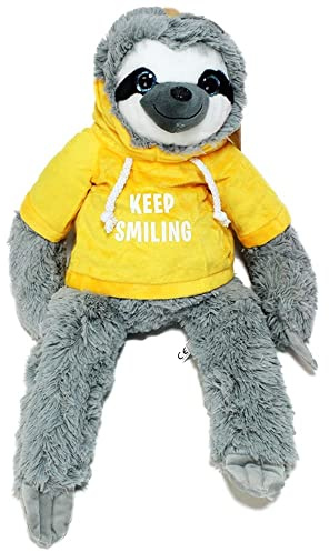 BEMIRO Faultier Kuscheltier mit Kapuze - gelb Keep Smiling - ca. 50 cm, Kuscheltier mit Pulli, Kletthände zum anhängen, Plüschtier mit Hoodie