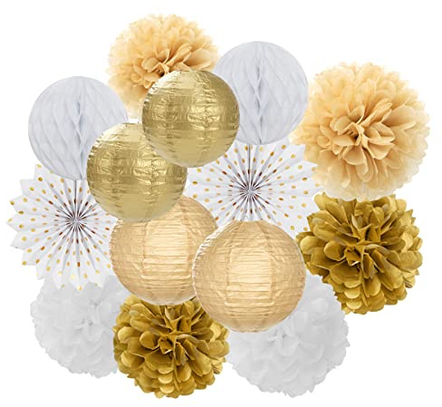 White Gold Party Decorations Streamers - 14pcs Christmas Wedding Engagement Paper Lanterns Fan,Tissue Pom Poms,Honeycomb Balls,Bachelorette Neutral Birthday Baby Bridal Shower Decor Lasting Surprise