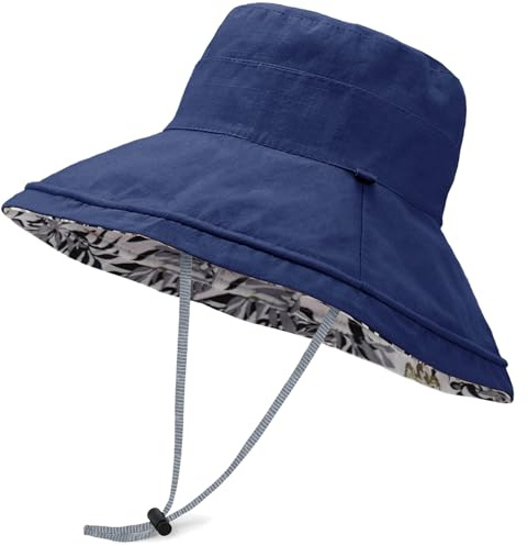 MESU Women Bucket Hat UV Sun Protection Wide Brim Fishing Cap Foldable Floppy Sun Hat, Reversible Double-Side Wear Navy Blue
