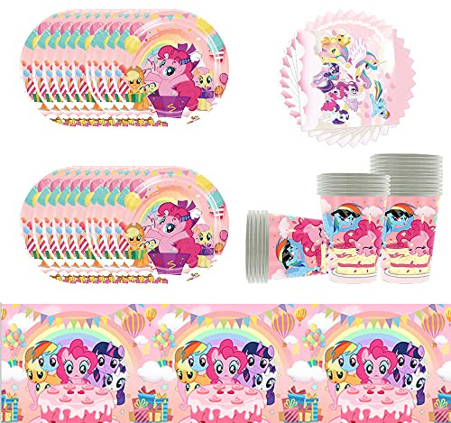 61Stück Pony Geburtstags Partygeschirr,Einhorn Partyzubehör Pappteller Set, Kleines Pony Set einschließlich Tischdecke Teller Becher Servietten zum babyparty,Hochzeiten,Jubiläums(20 Gäste)