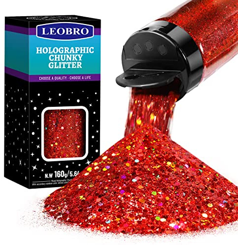 LEOBRO Holographischer Roter Glitzer Chunky Glitzer 160G/5.64OZ Holographischer Glitzer, Harz Glitter Pulver Pailletten Flocken Weihnachtsglitter