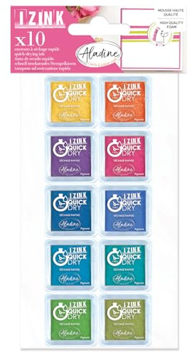 Aladine - 10 Mini Encreurs « Quick Dry » Acidulés - Encres pour Tampons - 3,3 x 3,3 cm - Jaune, Orange, Rose, Bleu, Vert - Pour Scrapbooking, Carterie, Loisirs Créatifs - Izink - 03976