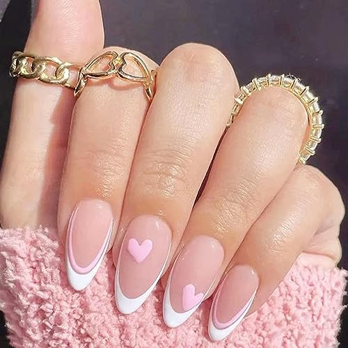 24Pcs French False Nails White Tip - Medium Length Fake Nails French Tip Press on Nails, Almond Pink with Ballet Heart Design for Women Girls (Ballet Heart Design)