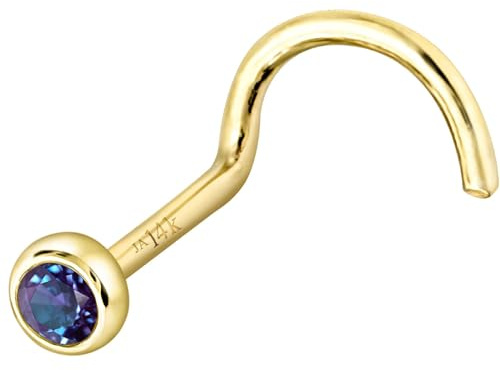 Jewelry Avalanche Solid 14K Yellow Gold Nose Screw Stud Bezel Set 2mm Alexandrite 22G Cork-screw Nose Stud - June Birthstone Nose Ring Stud NSBZ-ALX20YG