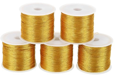 PATIKIL Totalt 545 meter metalliskt snöre, 5 rullar 0,3 mm dia glitter prydnad sträng tråd för hantverk pärlor smyckestillverkning presentförpackning dekoration, guld