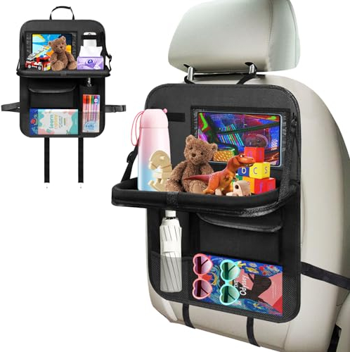 CHWNIBAY Organisateur Voiture Enfant, Protege Siege Voiture Enfant, Organisateur Siege avec Plateau, Kick Mats Imperméabl, Rangement Auto Accessoire Interieur avec Tablette Transparent Poches,Noir