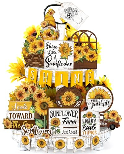 Seeloowy 26 Pcs Christmas Sunflower Tiered Tray Decoration Set Gnome Wood Signs Sunflower Kitchen Decoration Rustic Farmhouse Tiered Tray Table Decorations for Spring Home Party