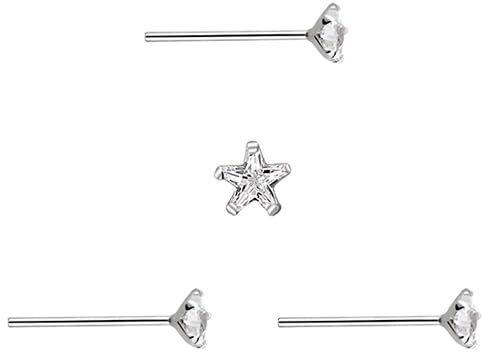 DENI 3 x Nasenstecker, gerader Stab aus Silber, glitzernder Zirkonia-Stein in Sternform, 3 mm, dünner Stab 0,6 mm, Sterlingsilber