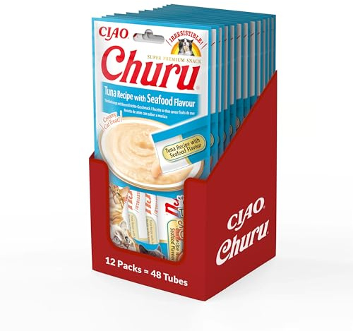 INABA Churu Püree kattgodis – kattpasta för utfodring från handen – kattpinnar med tonfisk och skaldjur – 12-pack/48 pinnar
