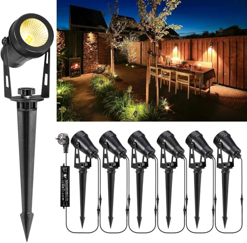 Greenclick Gartenbeleuchtung LED, 21m 6er Gartenstrahler mit Strom Erdspieß, 12V 3W 1800lm Gartenleuchte, IP65 Wasserdicht Warmweiß Gartenlampe für Außen Garten Rasen Weg Teich Yard Zaun
