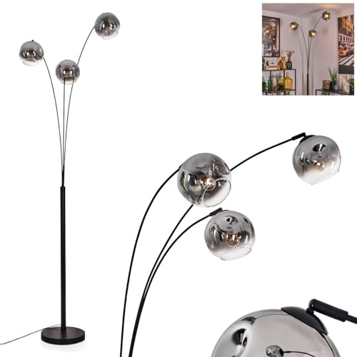 Stehleuchte Ripoll, Stehlampe aus Metall/Glas in Schwarz/Chromfarben/Klar, Leuchte im Retro/Vintage-Design, Schirme aus Glas (Ø 15 cm) u. Fußschalter, Höhe 210 cm, 3x E14, ohne Leuchtmittel