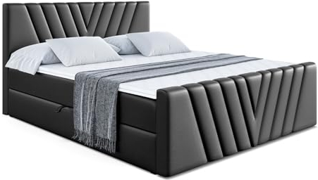 ALTDECOR Boxspringbett mit Matratze und Lattenrost, Boxbett, Topper, Fußteil, Polsterbett mit Bettkasten, Bett mit Stauraum H3-Matratze, Springboxbett - ERNINA-Z - 120x200 - Schwarz Kunstleder