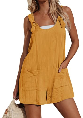 CUPSHE Women's Jumpsuit Pinafore Short Dungarees Scoop Neck Sleeveless Overall Casual Straight Leg Outfit Romper Playsuit with Pockets Yellow M