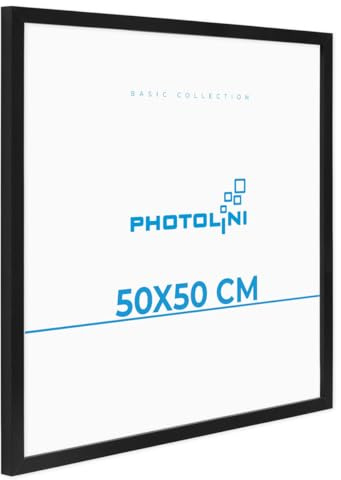 PHOTOLINI Bilderrahmen 50x50 Schwarz MDF-Holz Poster-Rahmen, bruchsicheres Acrylglas, zum Aufhängen, extra Zubehör - für Fotos & Poster