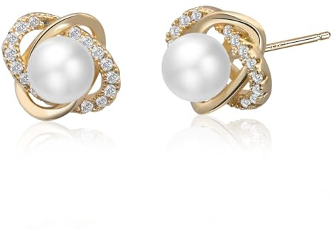 Gold Perlen-Steckerohrringe mit Zirkonia, 925 Sterlingsilber – Handgefertigter Damenschmuck als Geschenkbox, Hypoallergene Ohrstecker für Hochzeit/Geburtstag