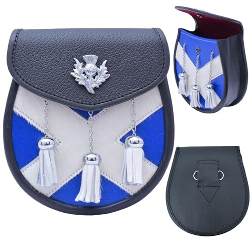 Falda escocesa tradicional esporran, piel negra, 3 borlas, esporrans para hombre, perfecto para atuendo de las tierras altas, Black, Large