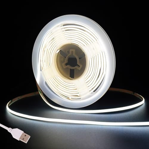 Fosingut COB Striscia LED Camera,5v 3m USB Luci LED TV Retroilluminazione Intelligente 4mm,480LEDs/m CRI90+ 6500K Bianco Freddo Strisce LED Adesive per Cucina Sottopensile,Armadio,PC, Mirror