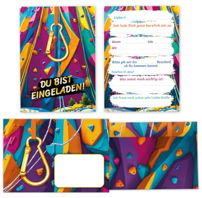 JuNa-Experten 12 Einladungskarten zum Kindergeburtstag Klettern – Kletterpark Einladungen für Jungen und Mädchen, Bunte Geburtstagseinladungen inkl. 12 Umschläge