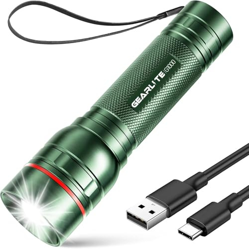 GEARLITE Lampe torche LED rechargeable, 2000 lm, super lumineuse avec 3 modes, petite lampe de poche portable avec batterie, lampe torche étanche zoomable pour coupure de courant, urgence, camping