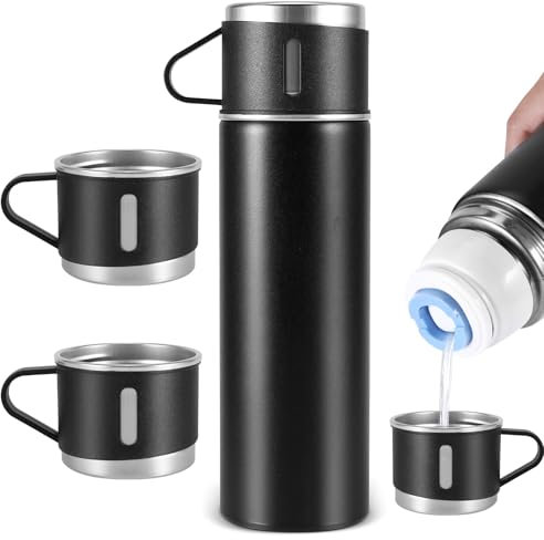 Vacuum Insulated Water Bottles, 500ml/17.6oz Stainless Steel Travel Mug with 3 Covers, Water Bottle & Cool Water Bottle Cup Set for Water Coffee Tea (Black)