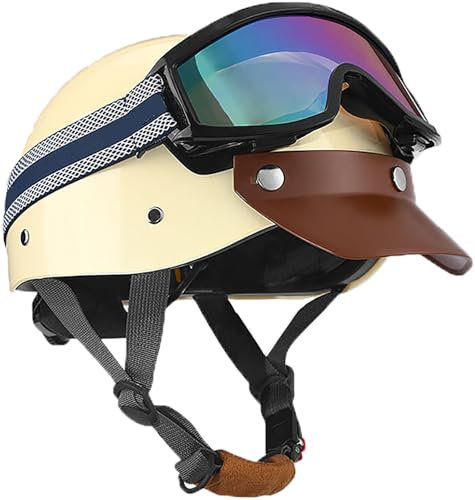 Casco Moto Jet Vintage Omologato DOT/ECE, Mezzo Casco Moto Casco A Scodella Con Occhiali Da Aviatore, Caschi Scooter Caschi Street Cruiser Caschi Jet Per Donna E Uomo Adulto 4,54-62CM