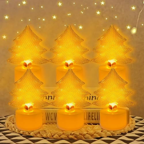 6 Stück Weihnachten LED Teelichter Metall, LED Kerzen Mit Batterie, Weihnachts Beleuchtung Für Tisch Deko, Weihnachtskerzen, Flammenlos Teelichter für Schlafzimmer Weihnachten Deko Nachtlicht (Bäume)