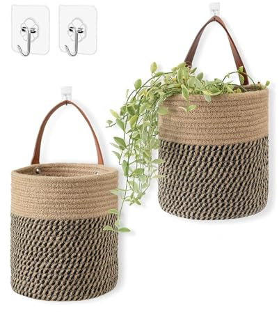 Aufbewahrungskörbe, 2er Set Hängekörbe aus Naturjute mit Griff – Stilvolle Wand- und Türkörbe für Pflanzen, Blumentöpfe, Deko & Aufbewahrung in Küche, Bad(16x18cm, Beige/Schwarz, inkl. 2 Haken)