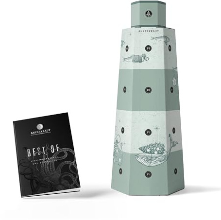 Ankerkraut Best Of Adventskalender 2025, Lieblingssorten Kalender | 24 Gewürz-Überraschungen Inkl. Hardcover-Kochbuch | Gewürze als Geschenk für Frauen & Männer | Deko zu Hause mit Leuchtturm-Design