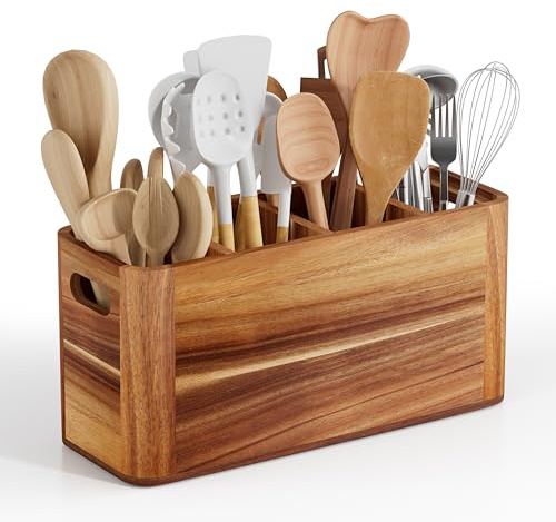 Segtenant Utensil Holder for Kitchen Counter, Extra Large Utensil Holder for Countertop with 4 Compartments Wooden Cooking Utensil Organizer for Spatula Kitchen Storage, Acacia Wood