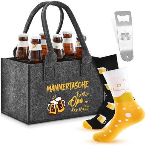 SATINIOR Bier Geschenke für Opa Weihnachten 24 x 15 x 15 cm Männerhandtasche aus Extra Dickem Filz mit 6 Fächern und Lustige Bier Socken Flaschenöffner Flaschenträger für Geburtstag Männertag Herren