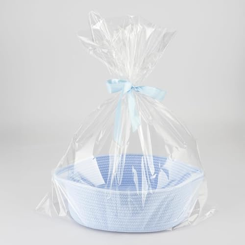 Presentkorg tom blå, presentkorg liten gjord av bomullsrep, flätad korg för presenter baby, påskbokorg förvaringskorg, leksakskorg, levereras med presentpåse och blå rosett