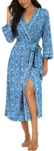 PrinStory Badrockar för kvinnor, lätt kimono, kläder, 3/4 ärmar, damer, morgonrockar, långa nattkläder, ledig, loungewear, basturock, Blå blomma, M