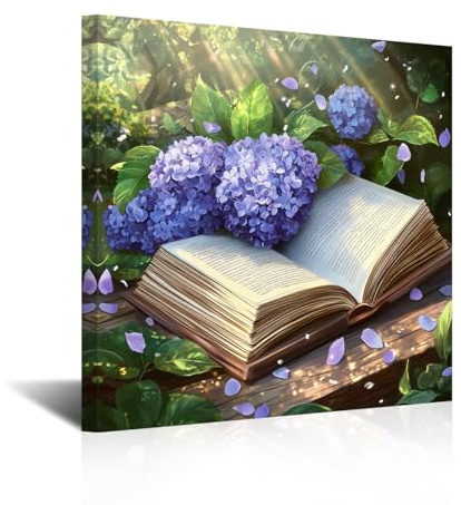 CXHOSTENT Hortensien-Bild, Wandkunst, Hortensie mit Buch, Leinwanddrucke, violettes Blumenmuster, Badezimmer-Wanddekoration für Bibliothek, Büro, gerahmt (40.00 x 40.00 cms)