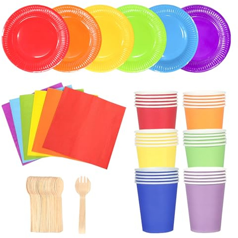 120 Pack Colorful Rainbow Party Tableware Set Paper Cups, Multicolor Dinner Paper Plates, Luncheon Cocktail Napkins, Wooden Forks, Disposable Party Supplies Pack for DIY Holiday Wedding Birthday