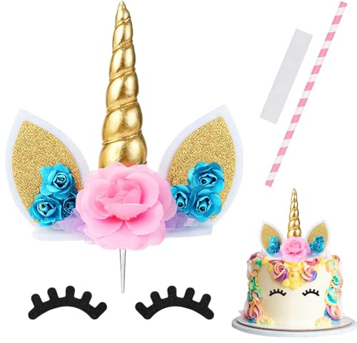 Einhorn Tortendeko, Kuchen Topper Set Einhorn Kuchen Dekoration mit Wimpern und Kleinen Strohhalmen Party Torte Deko Supplies Cupcake Deko für Party Supplies Geburtstag Hochzeit Weihnachten (Gold)