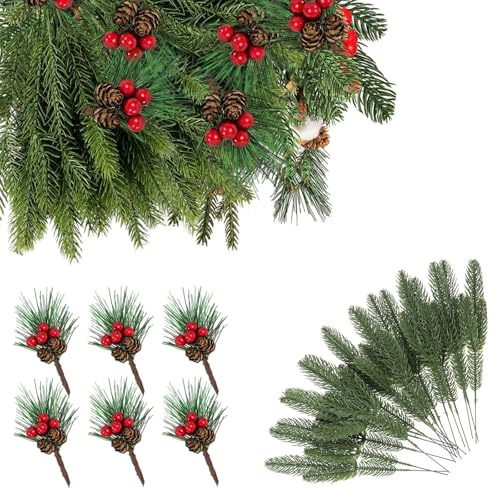 Künstliche Tannenzweige, 30 Stück Tannenzweige Deko, Weihnachtsdeko für Tischdekoration, Adventskranz, DIY-Bastelzubehör, Hochzeitsdeko, Fotodeko, realistische Kiefernzweige künstlich wie echt