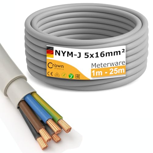 NYM-J 5x16mm² Mantelleitung | 1–25m Meterware | 5-adriges Starkstromkabel aus Kupfer | Feuchtraumkabel für Drehstrom, Wallbox & Elektroinstallation | Made in Germany | Länge (1m)