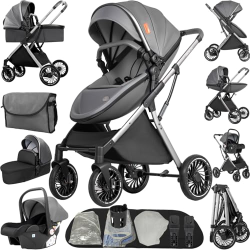 Nine point nine Kinderwagen 4 in 1, Kinderwagen Set mit Umkehrbarem Doppelschiebemodus, Kombikinderwagen 4 in 1 Großer Bequemer, Kinderwagens Rahmen Aluminiumlegierung (688 Deep Grey)