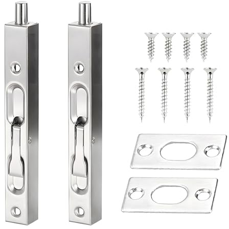2pcs Door Flush Bolt Latch Slide Lock, 304 Stainless Steel Brushed Slide Latch Concealed Door Bolt Security Lever Action, Stainless Steel Brushed Slide Latch for Wooden Doors (6“ /15.24cm in Length)