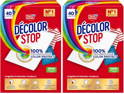 Decolor Stop - Protections Couleurs - Evite les Accidents de Decoloration - Preserve l'Eclat des Couleurs - Tous Programmes Textiles et Températures - Moins de Cycles - Plus d'Economies -x40 Lingettes
