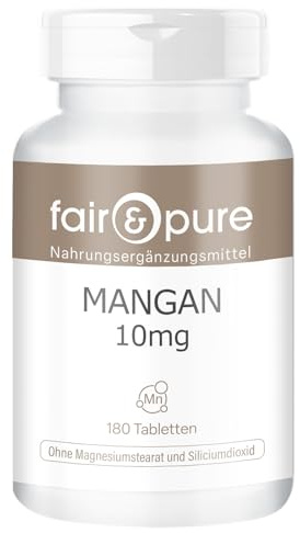 Fair & Pure Manganèse 10mg, 180 comprimés, 10mg de manganèse par comprimé, complément alimentaire végétalien sans additifs, fabriqué en Allemagne