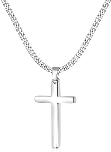 SCJJZ Collar Cruz Hombre, cadena de plata hombre,Hombre Mujer 5MM Acero Inoxidable Cubano Cadena Collar con Colgante Cruz Cadena Plata para Hombre y Niños,Con bolsa de almacenamiento