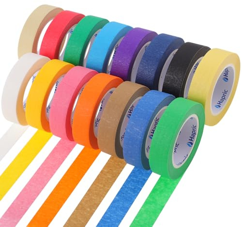 Hapric 15 Rolls Coloured Painters Tape 15Mm X 13M Writable Masking Tape | Crepe Paper, Hand Tearable, Removable Without Residue, 15 Rainbow Colours, For Crafts, Labels, Scrapbook And Office Use