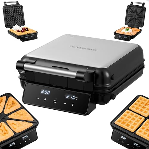 Steinborg® 2-in-1 Waffeleisen & Sandwichmaker – Elektrisches Waffeleisen für Belgische Waffeln & Sandwiches mit Touch Panel, LED-Display, abnehmbaren Antihaftplatten & spülmaschinengeeigneten Platten